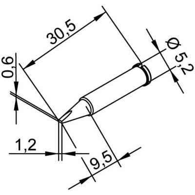 Technische Zeichnung eines zylindrischen Objekts mit Maßen: Durchmesser 5,2 mm, Länge 30,5 mm, Spitze 9,5 mm, Winkel und Linien.