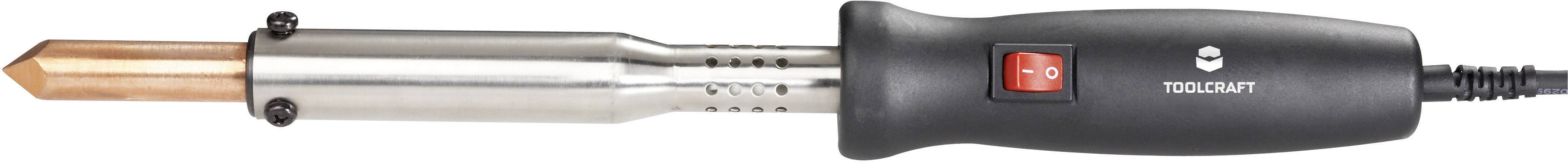 Lötkolben in Nahaufnahme mit schwarzem Griff, rotem Ein-/Ausschalter und metallischer Spitze. Geeignet für Lötarbeiten.