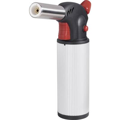 Ein schwarzer und silberner Küchenbrenner mit rotem Zündknopf und ergonomischem Griff, verwendet zum Karamellisieren von Speisen.