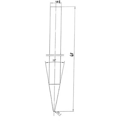 Technische Zeichnung eines konischen Stifts. Oben Durchmesser 4 mm, unten spitz zulaufend. Länge 69 mm. Winkel unten 42,5°.