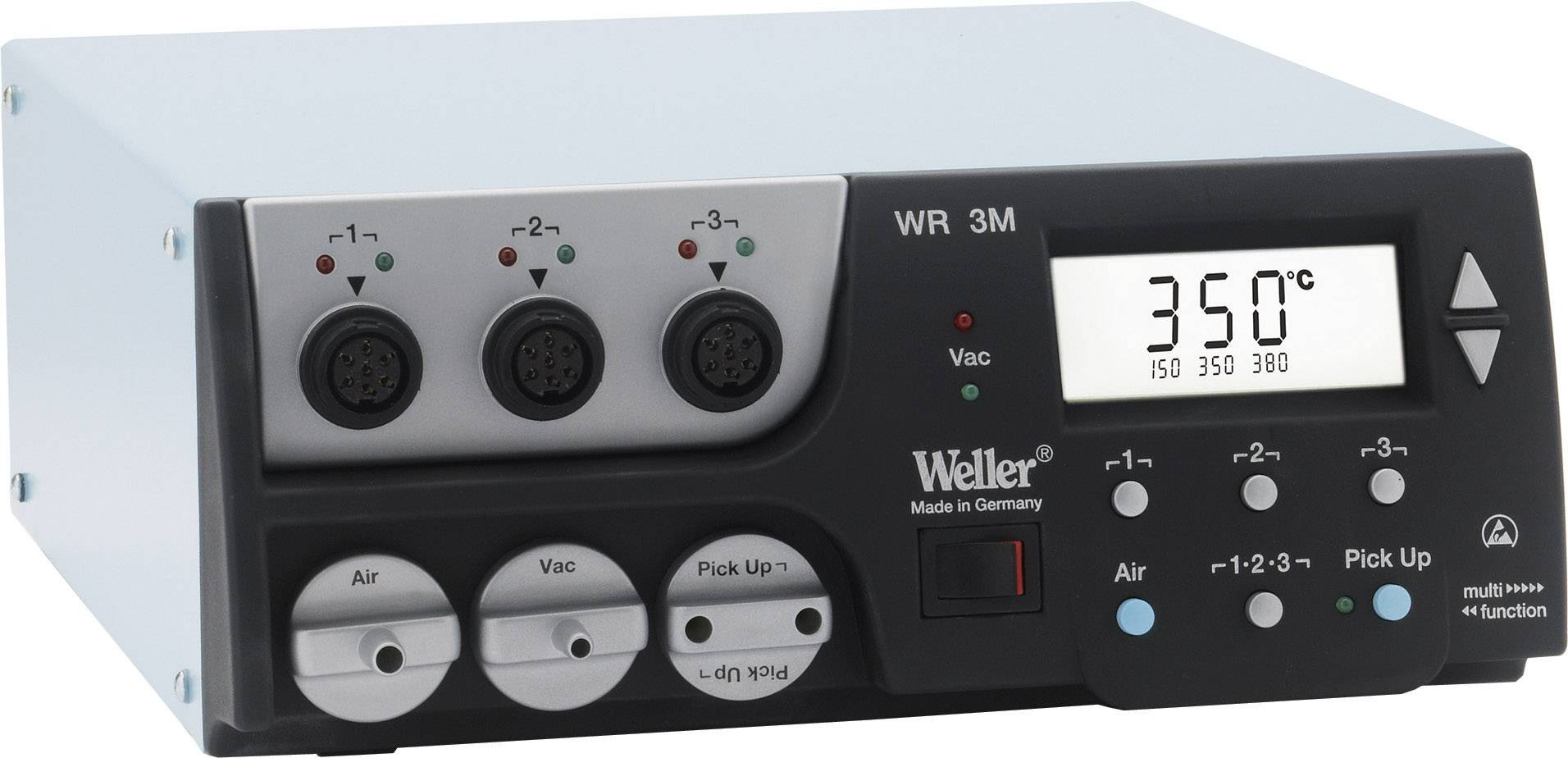 Lötstation mit Digitalanzeige zeigt 350°C. Markiert mit 'Weller WR 3M'. Steuerknöpfe und Anschlüsse auf der Vorderseite.