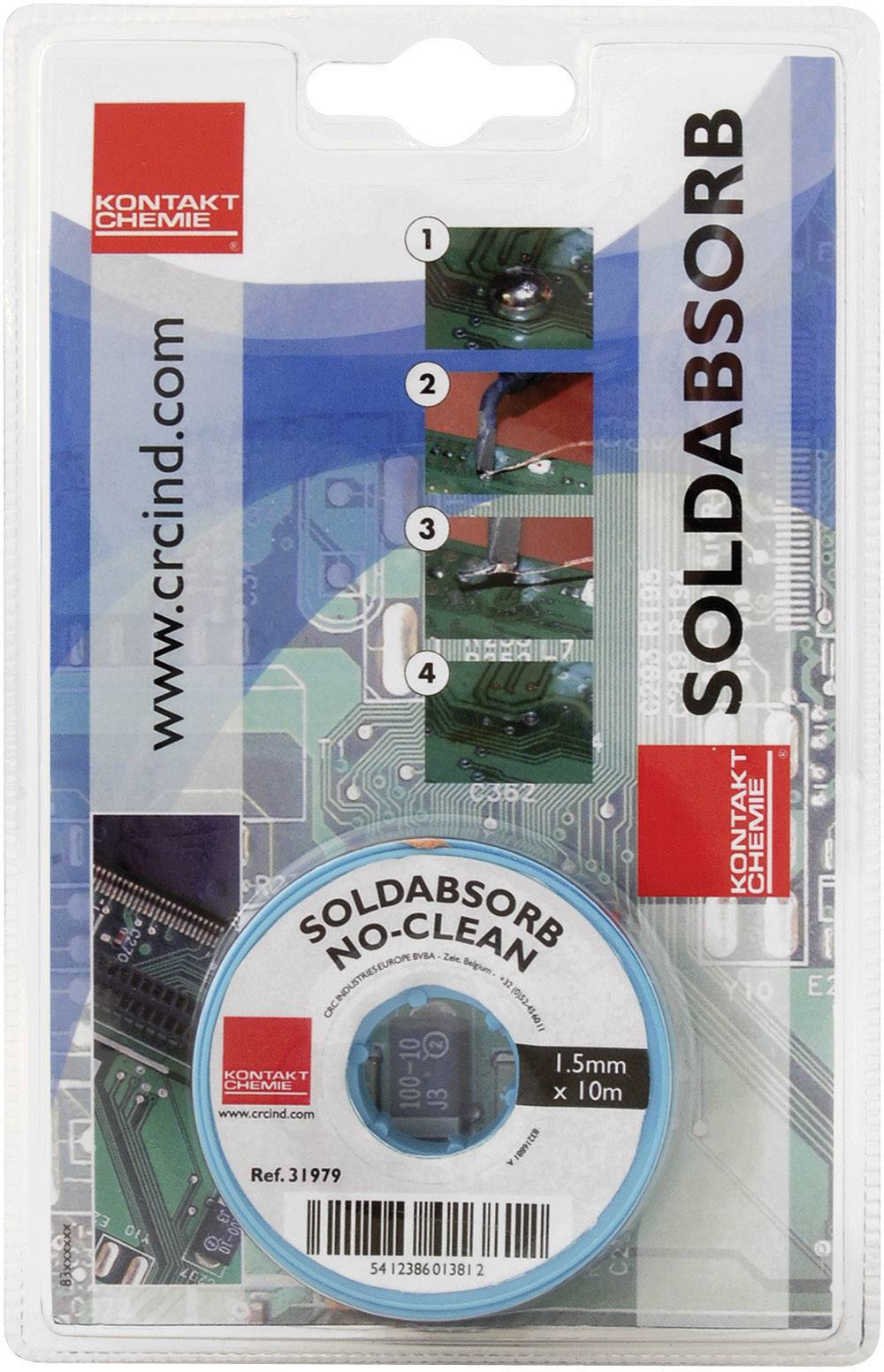 'Kontakt Chemie SOLDABSORB NO-CLEAN' Entlötlitze, 1,5mm x 10m, angepriesen auf Verpackung mit Anleitung und Produktaufnahmen.