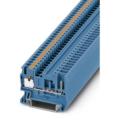 Ein blauer elektrischer Reihenklemmenblock mit orangenen Kontaktelementen, montiert auf einer Standardschienenhalterung.