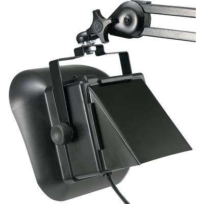 Schwarze Schreibtischlampe mit verstellbarem Arm und klappbarem Lampenschirm, geeignet für gezielte Beleuchtung.