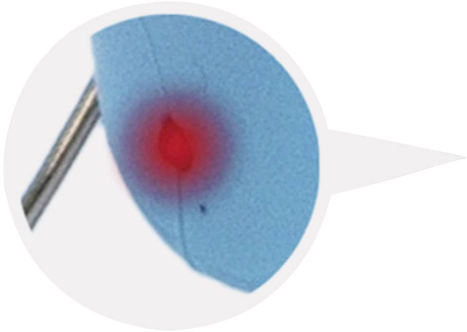 Blauer Ballon mit Nadel. Im Fokus ein roter Punkt, zeigt den Druckpunkt an.