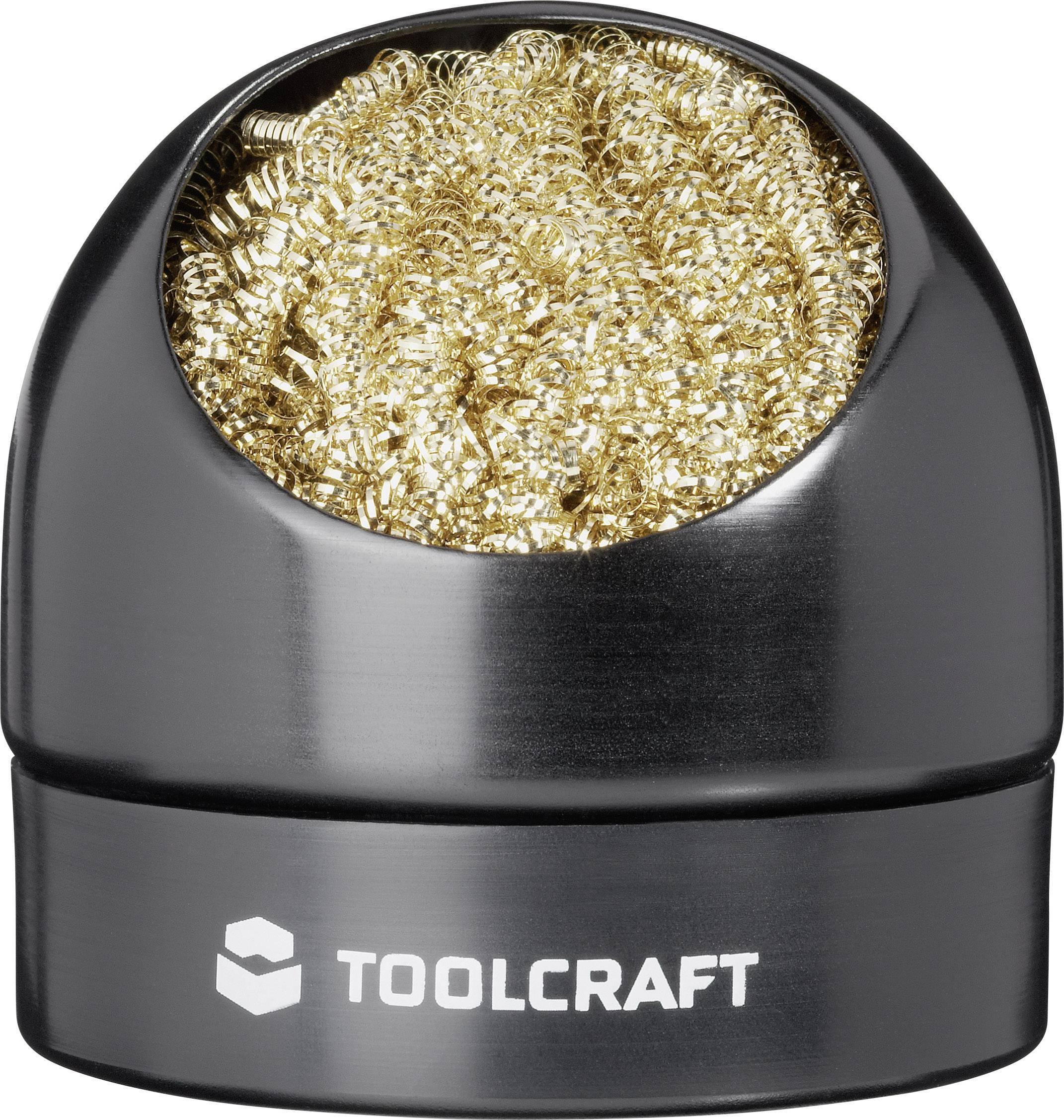 'Toolcraft' Lötschwammhalter mit goldfarbenem Metallschwamm zur Reinigung von Lötspitzen.