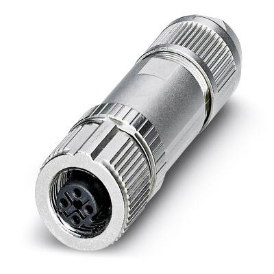Ein silberfarbener, zylindrischer Steckeradapter mit geriffelter Oberfläche und einem runden Anschluss mit mehreren Stiften.