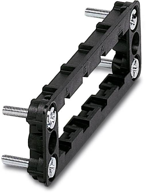 Ein schwarzer rechteckiger Montageadapter aus Kunststoff mit vier Silbermetallbolzen, die aus den Ecken herausragen.