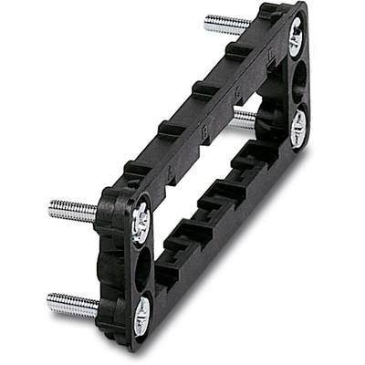 Ein schwarzer rechteckiger Montageadapter aus Kunststoff mit vier Silbermetallbolzen, die aus den Ecken herausragen.