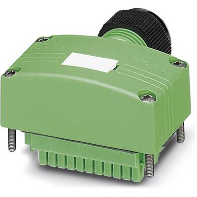 Ein grüner elektronischer Sensor mit schwarzem Anschluss und vier Schrauben, vermutlich für industrielle Anwendungen.