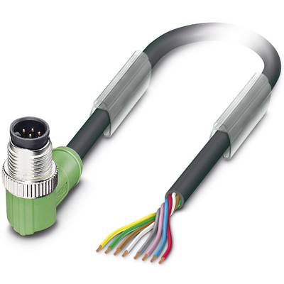 Ein mehrfarbiges Kabel mit einem grünen Winkelverbinder links und freiliegenden Kupferdrähten rechts auf weißem Hintergrund.