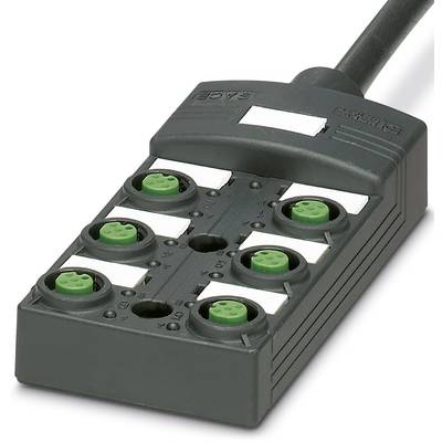 Ein schwarzer elektrischer Verteilerblock mit sechs grünen Steckverbindungen.