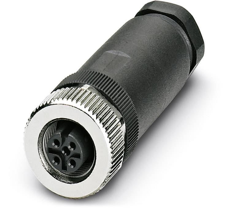 Ein schwarzer, zylindrischer Steckverbinder mit einem silbernen, geriffelten Rand und vier kreisförmig angeordneten Kontakten.