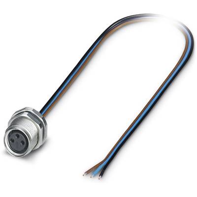 Elektrischer Steckverbinder mit drei Drähten in den Farben schwarz, blau und braun, Drahtenden abisoliert.