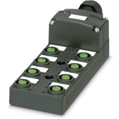 Ein schwarzes, rechteckiges industrielles Anschlussgerät mit mehreren grünen Steckplätzen auf der Oberseite, für Kabelverbindungen.