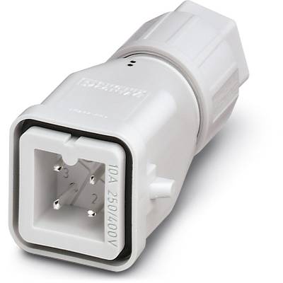 Ein weißer elektrischer Stecker für 10A, 250/400V, mit drei Stiften und einer robusten, rechteckigen Form.