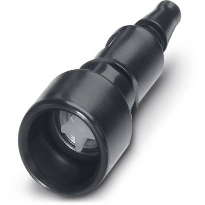 Ein schwarzes, zylindrisches Ventil mit einer konischen Spitze und einem Innengewinde, das für Flüssigkeitsleitungen verwendet wird.