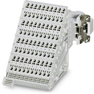 Ein mehrstufiges, grau-weißes Reihenklemmen-Modul mit mehreren Anschlüssen und Nummerierung, verwendet in elektrischen Schalttafeln.