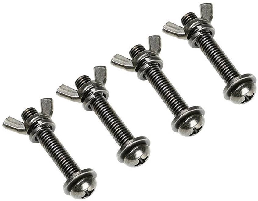 Vier Metallschrauben mit Flügelmuttern, nebeneinander angeordnet, zeigen die Befestigungsfunktion.