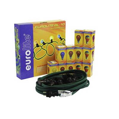 'Karton mit Eurolite BL-10 Lichterkette und mehrere Boxen mit verschiedenfarbigen Glühbirnen. Schwarzes Kabel mit Stecker im Vordergrund.'