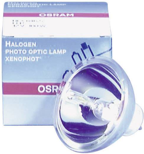 Eine Osram Halogen-Photolampe in ihrer Verpackung. Die Verpackung zeigt das Logo und den Text 'Halogen Photo Optic Lamp Xenophot'.