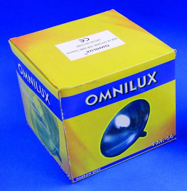 Gelbe Verpackung einer Omnilux PAR 56 Lampe auf blauem Hintergrund. Design mit Bild der Lampe und Firmenlogo.