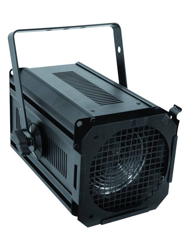 Ein schwarzer Bühnenscheinwerfer mit Gitter auf der Vorderseite, geeignet für Veranstaltungen und Theaterproduktionen.