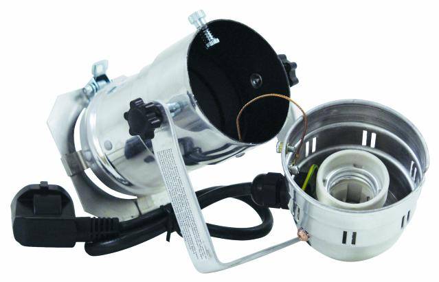 Ein silberner Strahler mit Kabel und Stecker. Der Kopf des Strahlers ist geöffnet, sodass das Innere sichtbar ist.