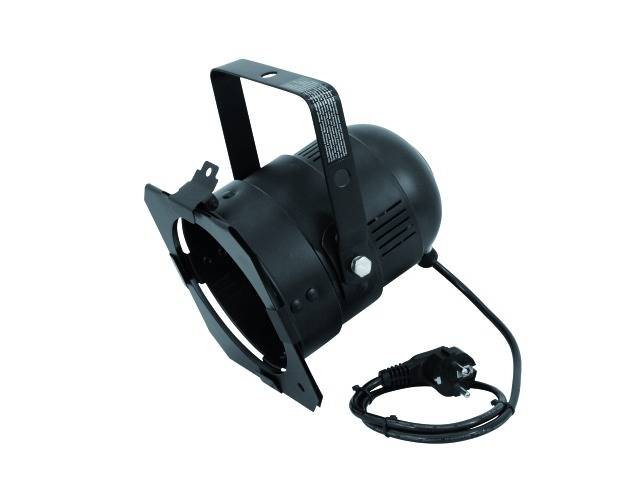 Schwarz lackierter Scheinwerfer mit Halterung und Netzkabel, geeignet für Bühnen- oder Studioanwendungen.