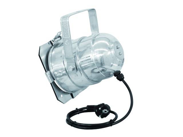 Ein silberner, metallischer Scheinwerfer mit Haltegriff und angeschlossenem schwarzen Kabel.