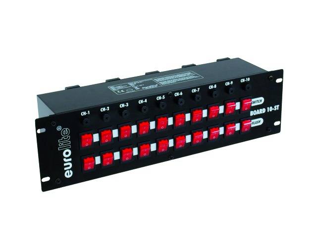 'Eurolite Schaltpult BOARD 10-ST' mit zehn roten Schaltern und Beschriftungen CH-1 bis CH-10, für Licht- oder Bühnentechnik.