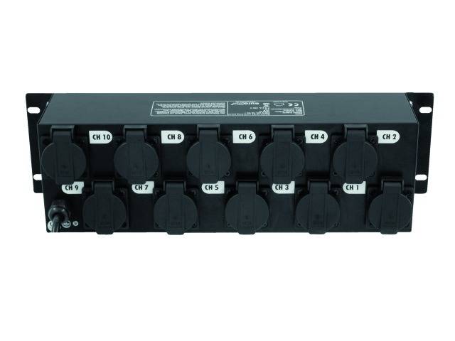Ein schwarzes Rack-Modul mit 12 nummerierten Steckdosen, beschriftet von 'CH 1' bis 'CH 12'. Das Modul ist zur Montage in ein Rack ausgelegt.