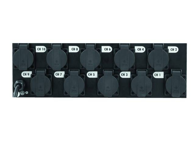 Eine schwarze Steckdosenleiste mit zwölf nummerierten Steckplätzen von 'CH 1' bis 'CH 12', geeignet für elektrische Anschlüsse.