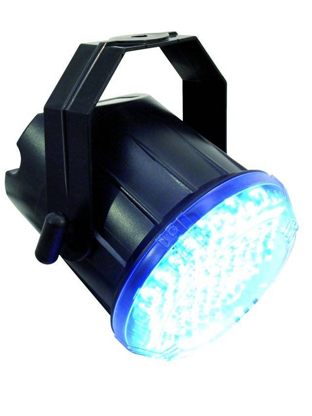 Ein schwarzer Beleuchtungsstrahler, der in blauen LED-Lichtern leuchtet.