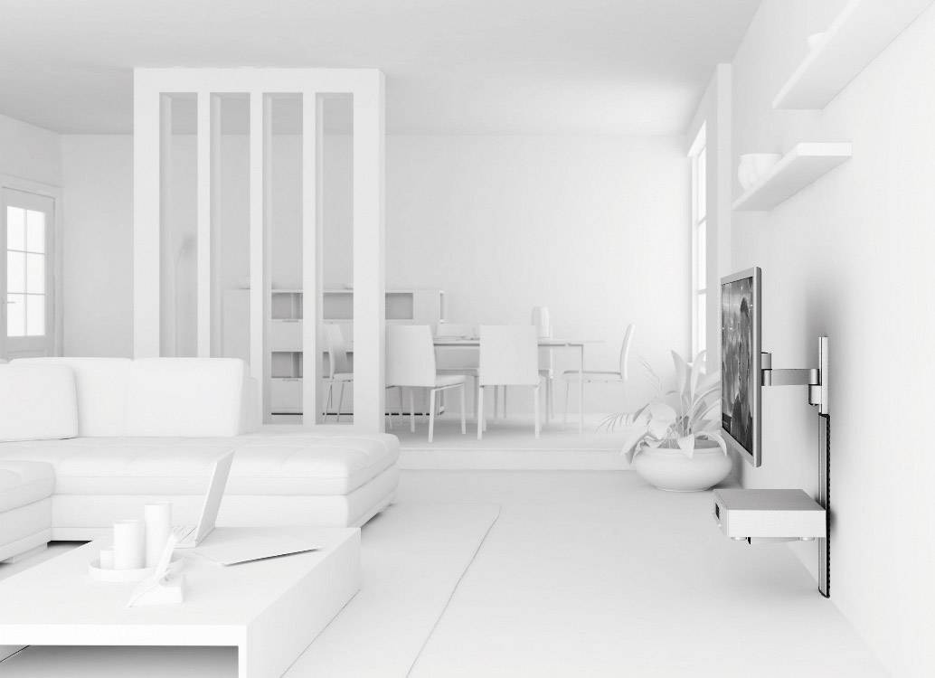 Ein helles, minimalistisches Wohnzimmer mit weißen Möbeln, einem Flachbildfernseher an der Wand und einem Esstisch im Hintergrund.