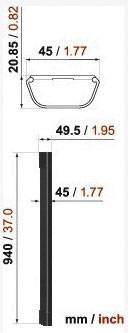 Diagramm einer Profilschiene mit Maßen: Breite 45 mm (1,77 Zoll), Höhe 20,85 mm (0,82 Zoll), Länge 940 mm (37 Zoll).
