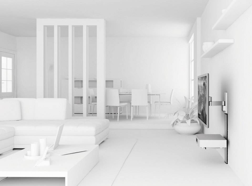 Ein modern eingerichtetes Wohnzimmer in Weißtönen mit Sofa, Couchtisch, Fernseher an der Wand und Essbereich im Hintergrund.