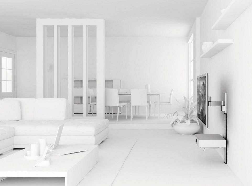 Ein modernes Wohnzimmer in Weiß gehalten, mit einem Sofa, Flachbildfernseher, Couchtisch und einem Esstisch im Hintergrund.