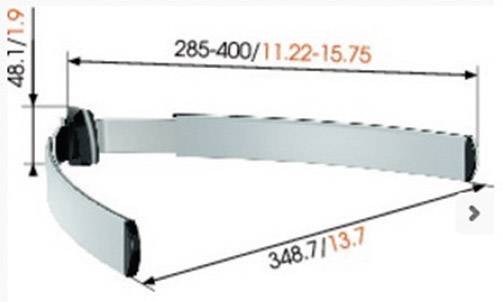 Metallstütze mit den Maßen: Höhe 48,1 cm, flexible Breite 285-400 cm, Gesamtlänge 348,7 cm.