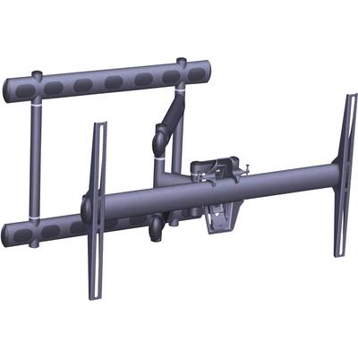 Ein dunkler TV-Wandhalter mit schwenkbarem Arm und Halterungen zur Befestigung an zwei horizontalen Leisten.
