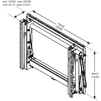 Technische Zeichnung eines verstellbaren Wandhalterungssystems mit Maßen: Breite 734,03 mm und Höhe 494,51 mm.