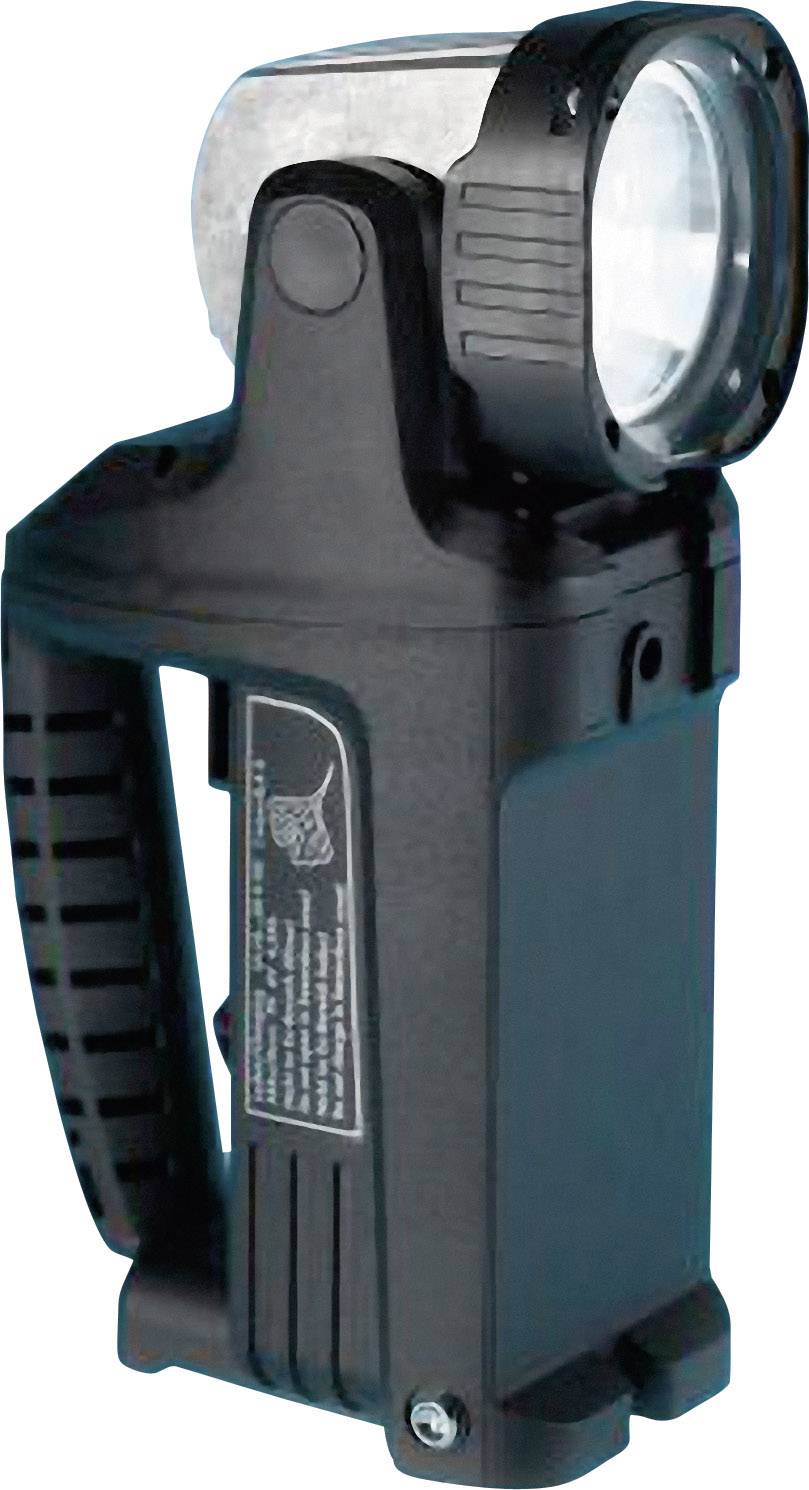 Eine schwarze, tragbare LED-Taschenlampe mit einem Griff und einem kippbaren Kopf für flexible Lichteinstellungen.