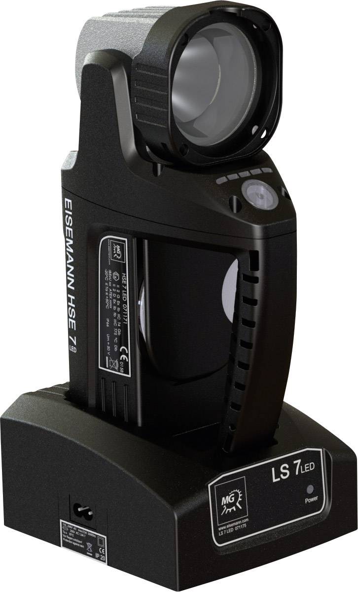 Eine schwarze LED-Taschenlampe steht auf einer Ladestation. Sie hat ein robustes Design und wird als Modell 'LS 7 LED' bezeichnet.