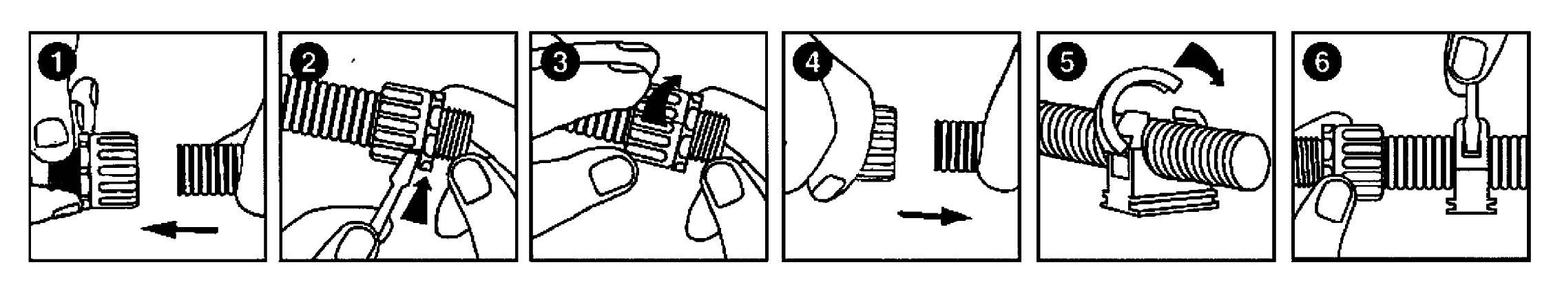 Schrittweise Anleitung zum Installieren einer Schlauchschelle: 1. Einführen des Rohrs, 2. Fixieren der Klemme, 3. Schraube anziehen, 4. Festziehen, 5. Drehen der Klemme, 6. Endposition sichern.