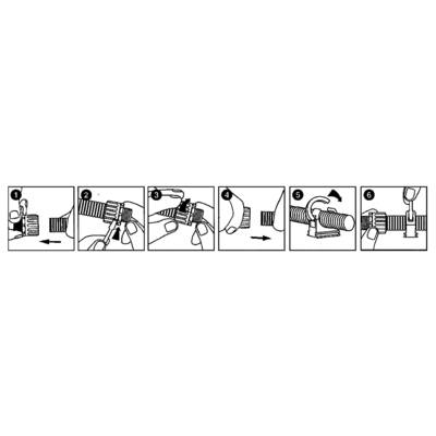 Schrittweise Anleitung zum Installieren einer Schlauchschelle: 1. Einführen des Rohrs, 2. Fixieren der Klemme, 3. Schraube anziehen, 4. Festziehen, 5. Drehen der Klemme, 6. Endposition sichern.