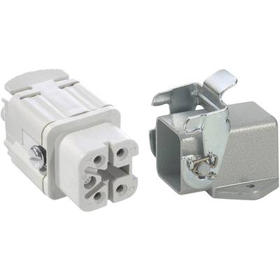 Ein weißer elektrischer Steckverbinder mit vier Anschlüssen neben einem grauen Metallgehäuse mit Scharnier, bereit zur Montage.