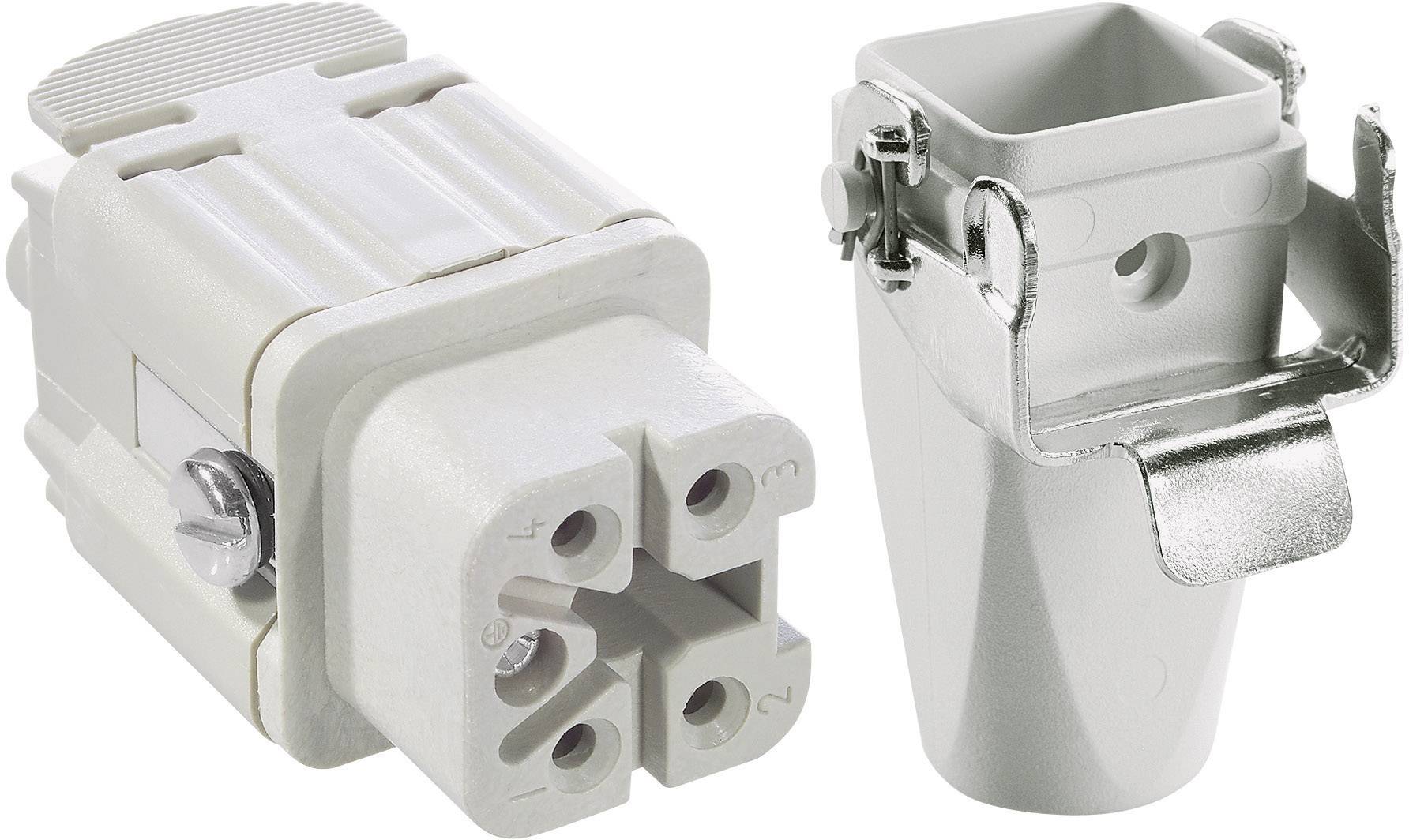 Industriestecker und Steckdose, weiß, aus Kunststoff und Metall, nebeneinander liegend.