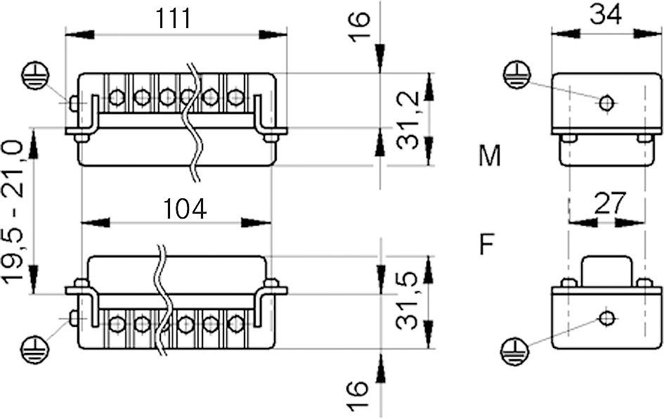 Diagramm von technischen Abmessungen eines rechteckigen Steckverbinders. Zeigt Längen- und Breitenmaße, sowie Höhenunterschiede.