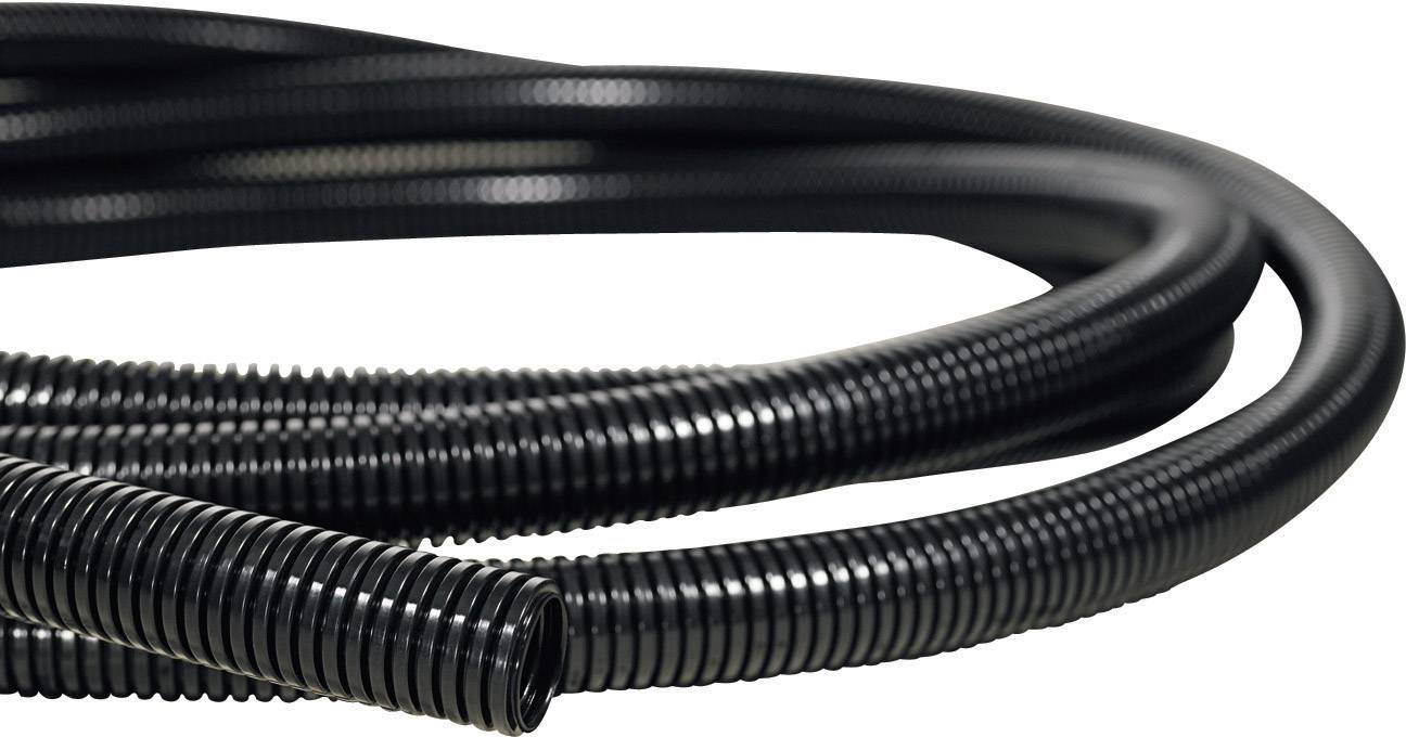 Ein schwarzer, flexibler Saugschlauch, der aufgerollt auf einer ebenen Fläche liegt.
