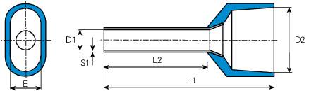 Technische Zeichnung eines Rohrverbinders mit Maßen. Gezeigt sind Seitenansicht und Querschnitt. Maße: L', L2, E, y, y2, s1.